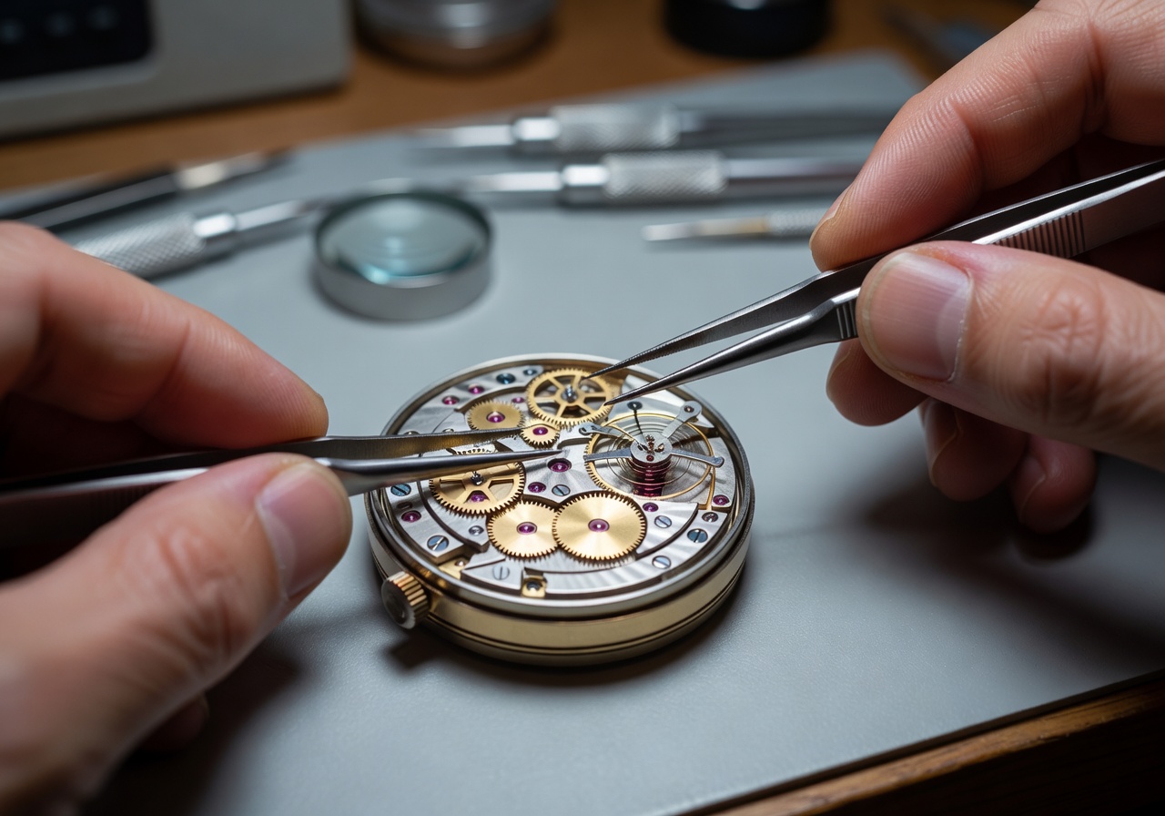 Watchmaker macro shot assembling Swiss watch movement parts